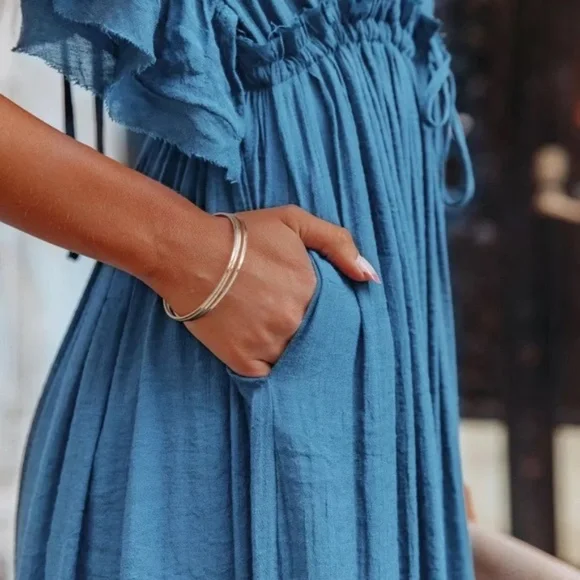 SOLD OUT Blue Gauze Boho Button Maxi Dress - Picture 7 of 9